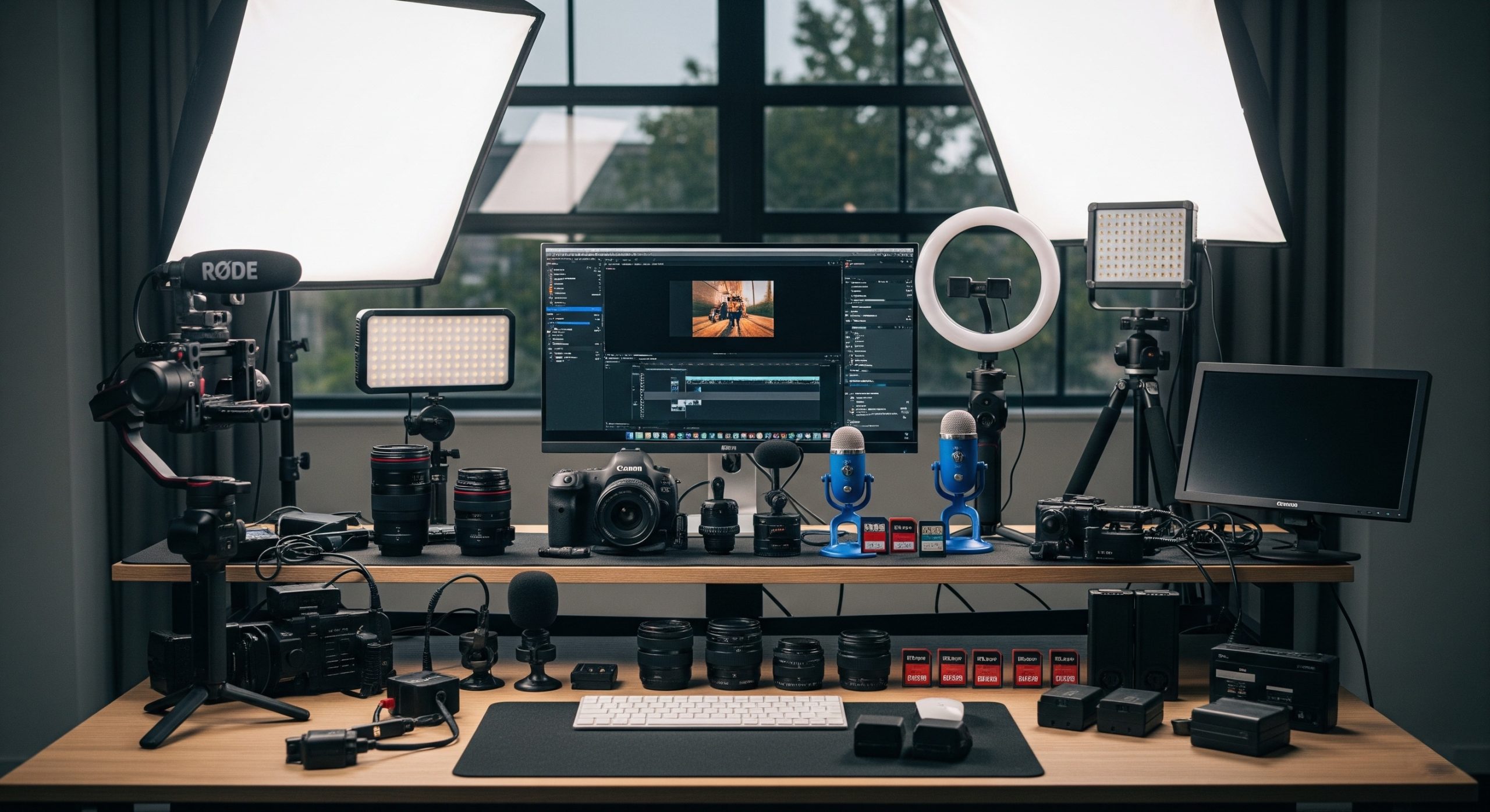 A desk covered with a full set of professional videography equipment, including cameras, lights, and microphones.