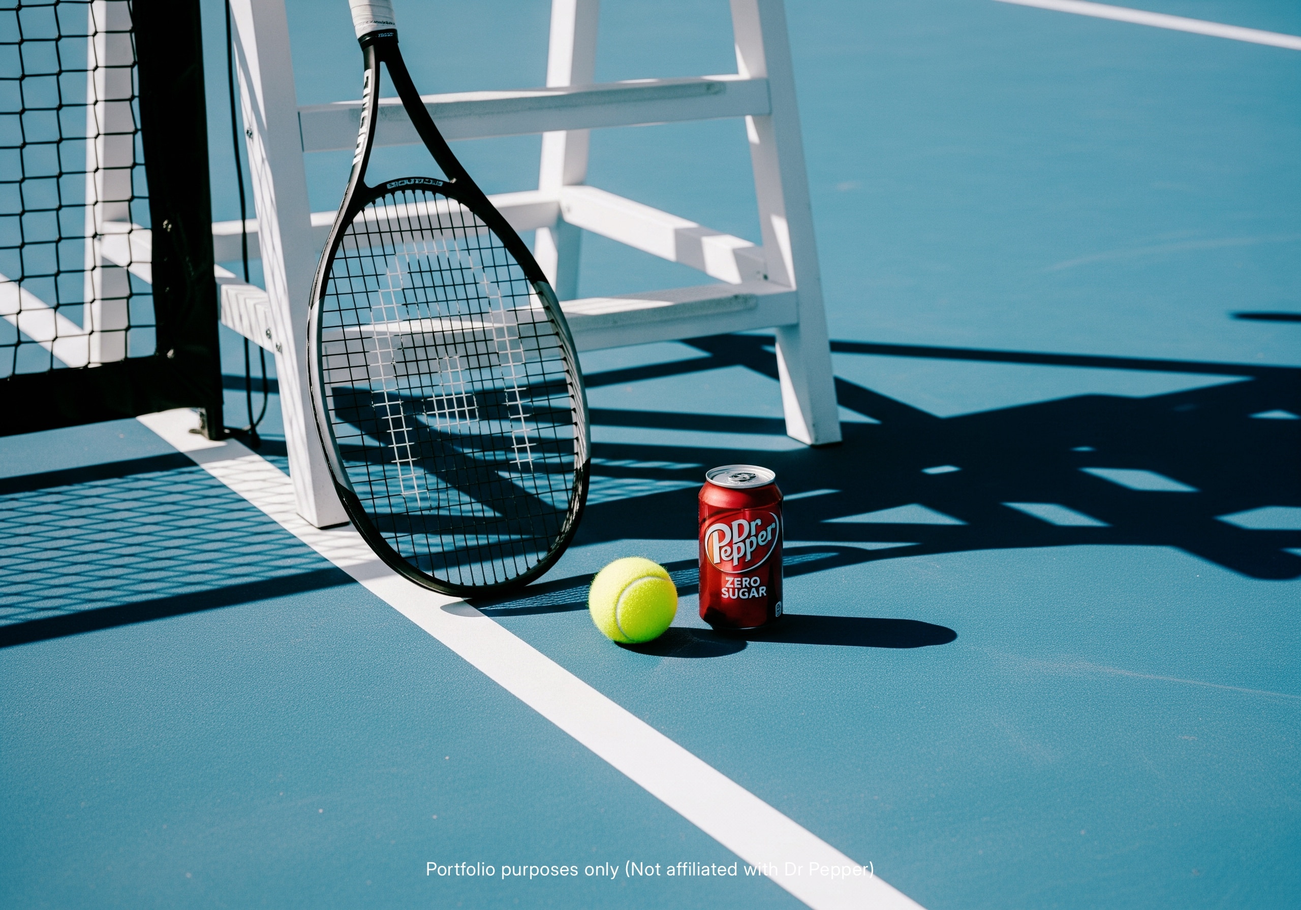 A can of Dr Pepper Zero Sugar and a tennis ball rest on the ground next to a tennis racket that is leaning against a white umpire's chair on a tennis court.