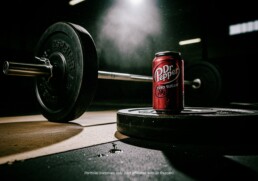 A can of Dr Pepper Zero Sugar rests on a weight plate on the floor of a dark gym, with a heavily loaded barbell in the background.