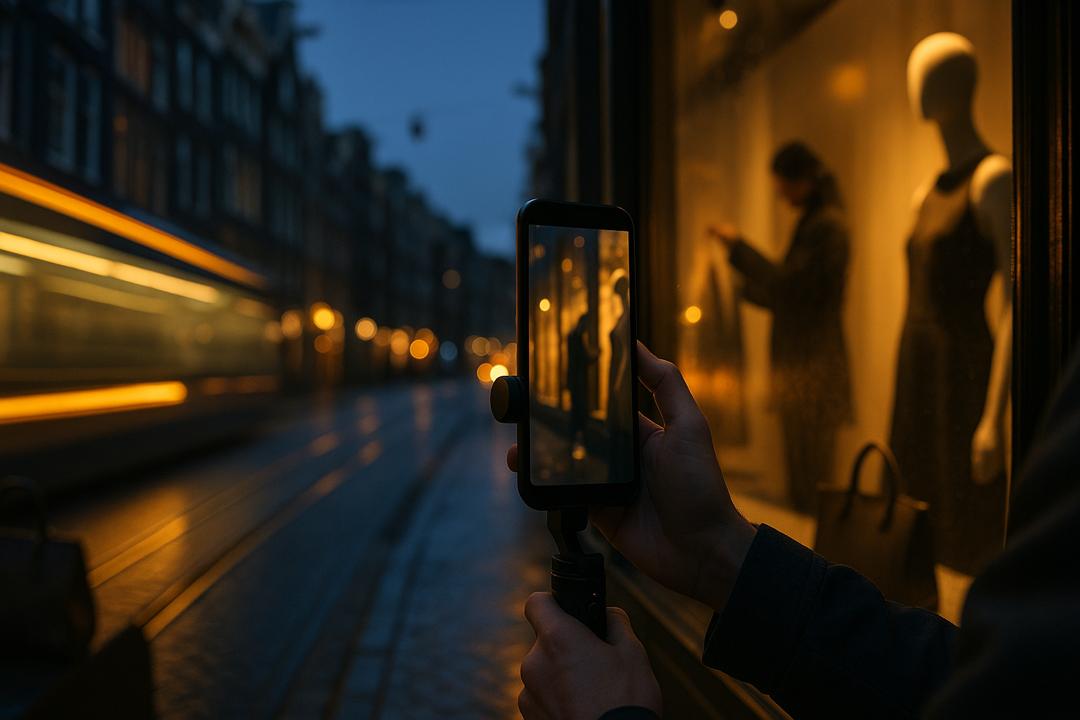 Short-form video opname met smartphone van een etalage van luxe merken in de avondschemering in Amsterdam.