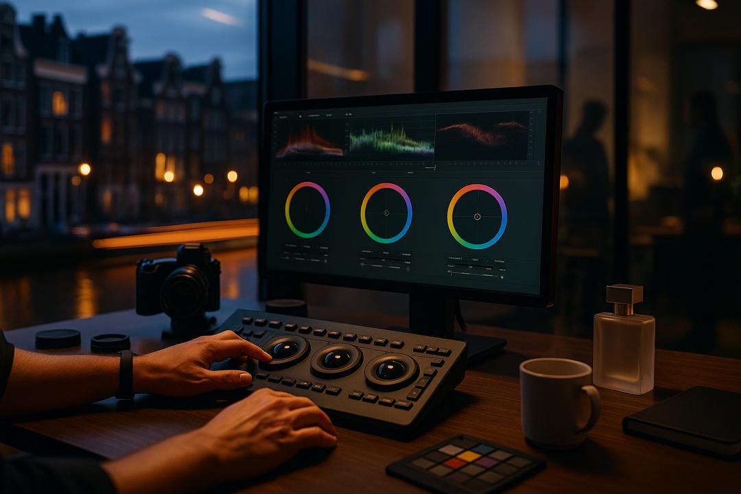 Color grading control panel met AI-tools voor post-productie en videobewerking, uitbesteden luxe merken
