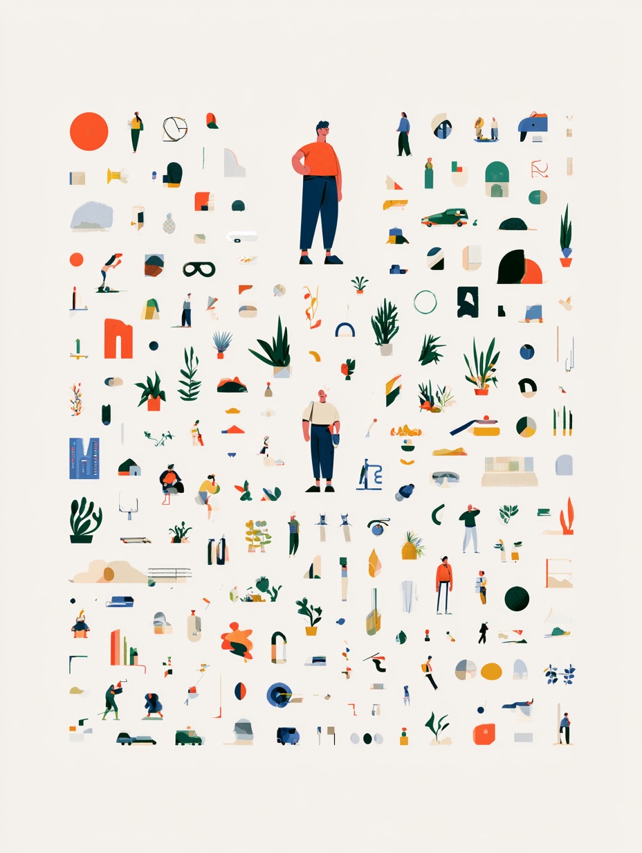 A premium vector illustration design system presented as a cohesive creative toolkit. Feature one original hero character surrounded by a curated collection of matching vector assets: secondary characters, plants, objects, vehicles, abstract shapes, icons, decorative elements, and small environmental components. Every asset should share the same geometric construction, line weight, proportions, and color language, demonstrating a complete reusable illustration system for a brand. Use clean flat shapes, crisp vector edges, restrained shading, sophisticated contemporary colors, and strong visual hierarchy. Presented on a minimal neutral background like a professional design studio asset sheet. Modern commercial illustration, highly polished, versatile, coherent, premium vector design portfolio aesthetic. --ar 3:4 --raw --v 8.2 Job ID: 10314eb1-bfb8-48b2-8d06-572b8dd74528