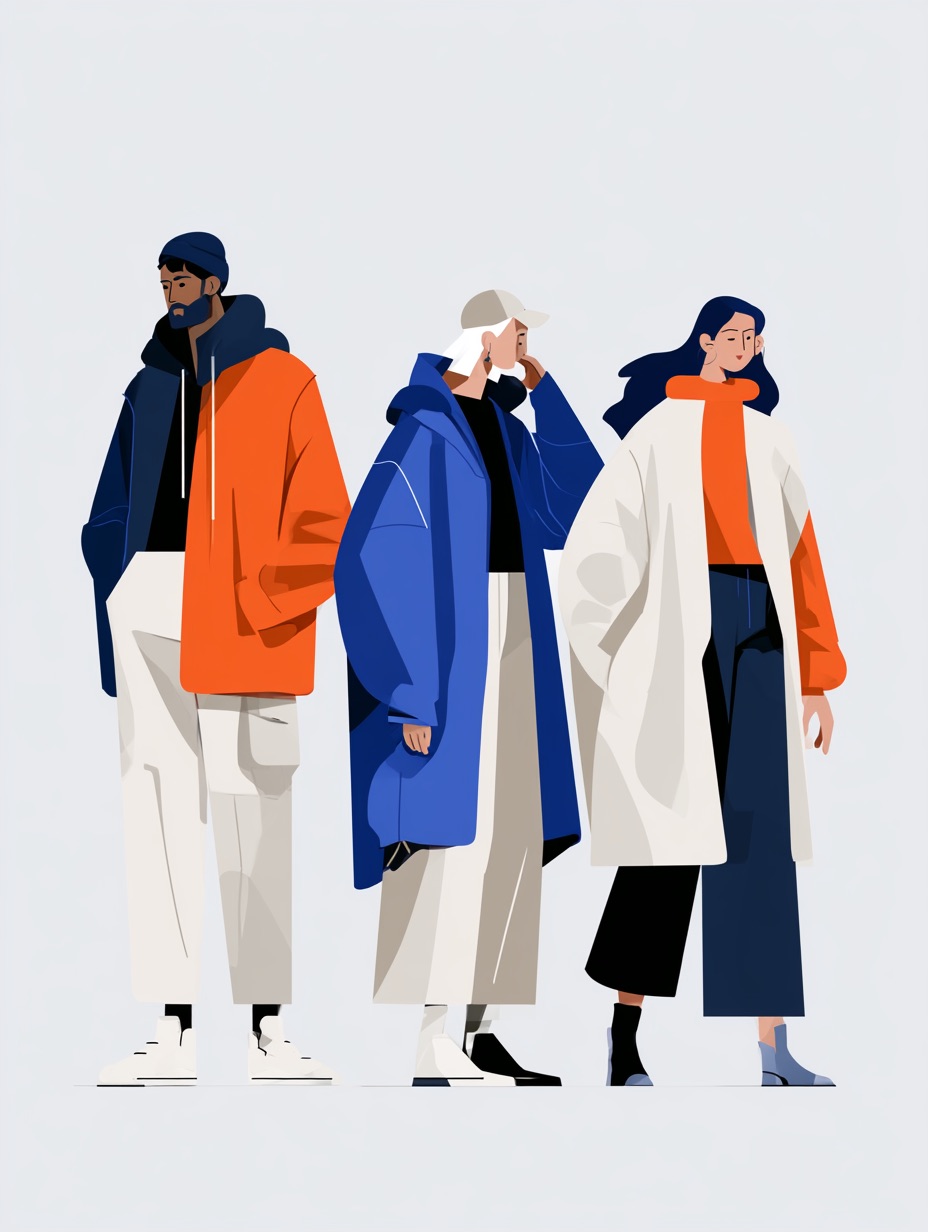A bold contemporary vector character system featuring four original characters with distinctly different silhouettes, clothing, hairstyles, personalities, and poses while maintaining one unified illustration style. Use simplified geometric anatomy, expressive body language, clean shape construction, minimal facial features, confident color blocking, and subtle graphic details. Arrange the characters as a sophisticated design presentation rather than a traditional cartoon lineup. Use a cohesive limited palette with neutral foundations and a few strong contrasting colors. Contemporary graphic illustration, fashion-forward character design, clean vector artwork, crisp edges, high visual impact, modern branding and advertising aesthetic, sophisticated rather than childish. --ar 3:4 --raw --v 8.2 Job ID: c9b43857-7dbb-44b2-b184-002162294060