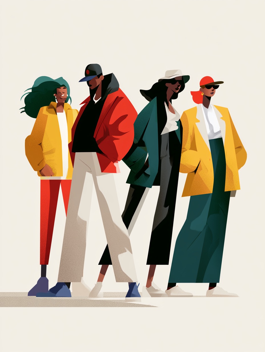 A bold contemporary vector character system featuring four original characters with distinctly different silhouettes, clothing, hairstyles, personalities, and poses while maintaining one unified illustration style. Use simplified geometric anatomy, expressive body language, clean shape construction, minimal facial features, confident color blocking, and subtle graphic details. Arrange the characters as a sophisticated design presentation rather than a traditional cartoon lineup. Use a cohesive limited palette with neutral foundations and a few strong contrasting colors. Contemporary graphic illustration, fashion-forward character design, clean vector artwork, crisp edges, high visual impact, modern branding and advertising aesthetic, sophisticated rather than childish. --ar 3:4 --raw --v 8.2 Job ID: c9b43857-7dbb-44b2-b184-002162294060