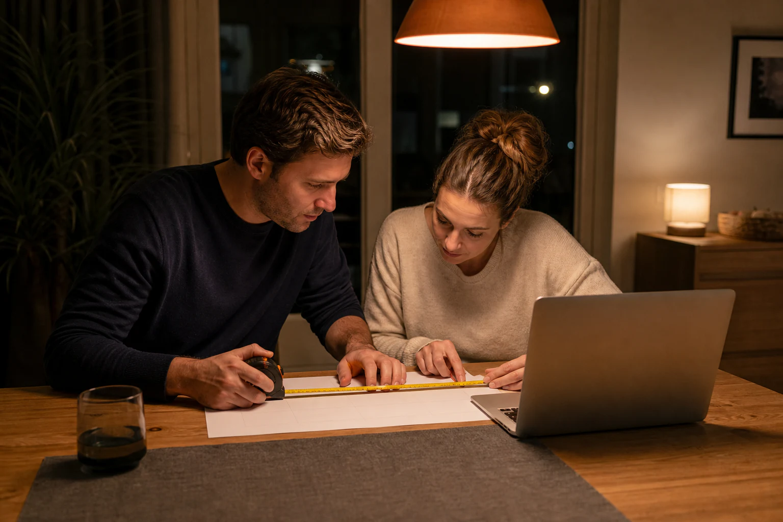 Woningzoekers bestuderen samen een plattegrond en laptop na een virtuele rondleiding.