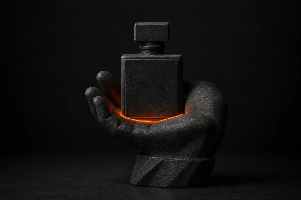 Hand presenteert een luxe parfumfles voor professionele nabewerking