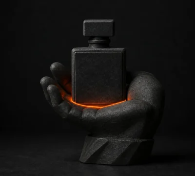 Hand presenteert een luxe parfumfles voor professionele nabewerking