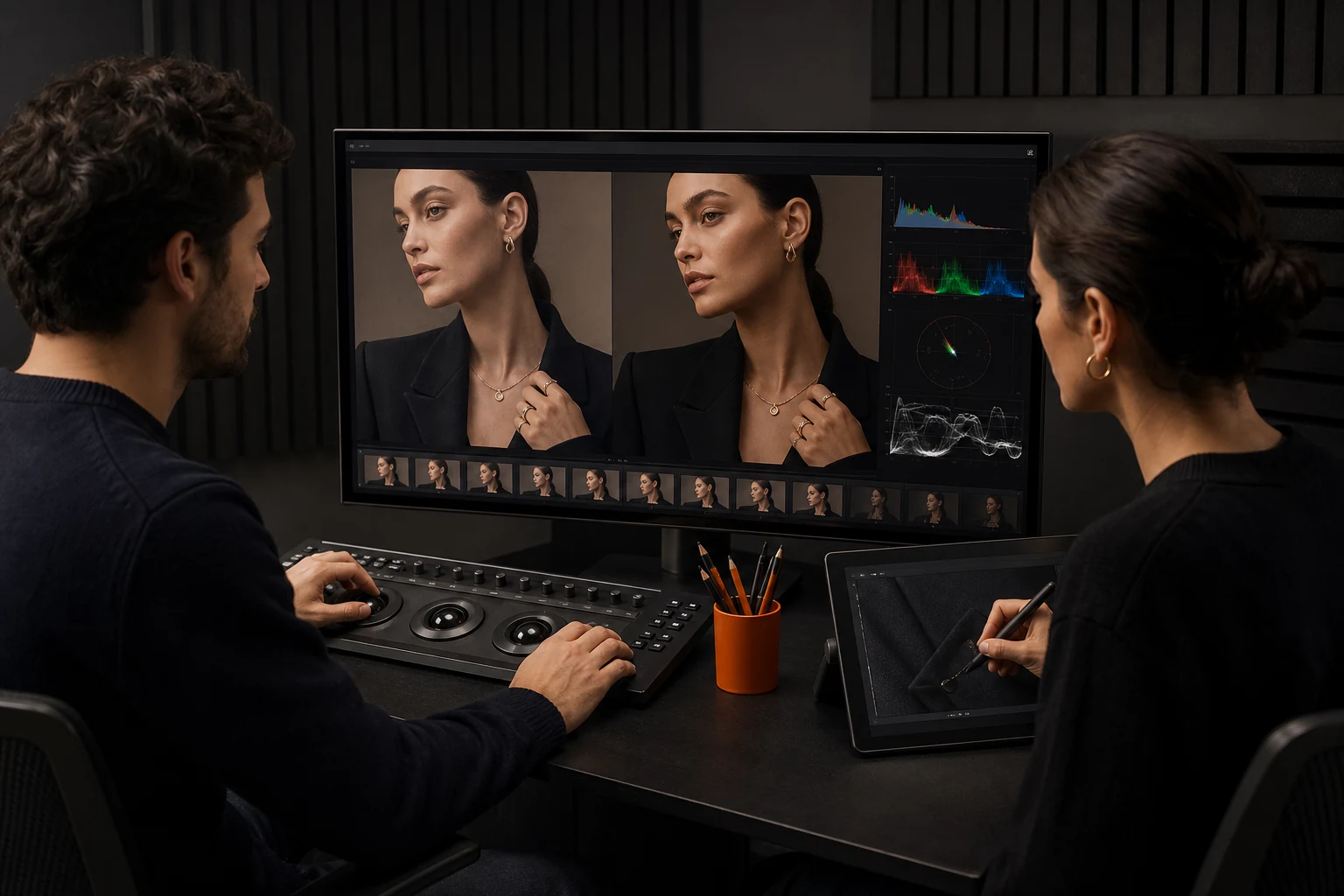 Colorist en retoucher verfijnen een luxe modebeeld met behoud van huid en materiaal