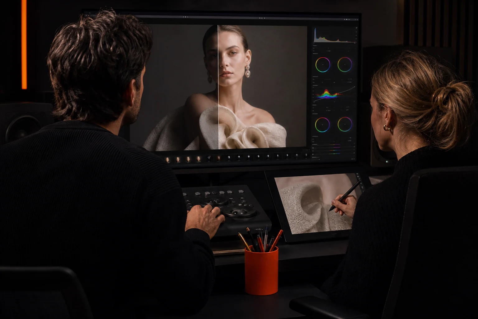 Colorist en retoucher verfijnen huid, couturestof en sieraden in een luxe campagnebeeld