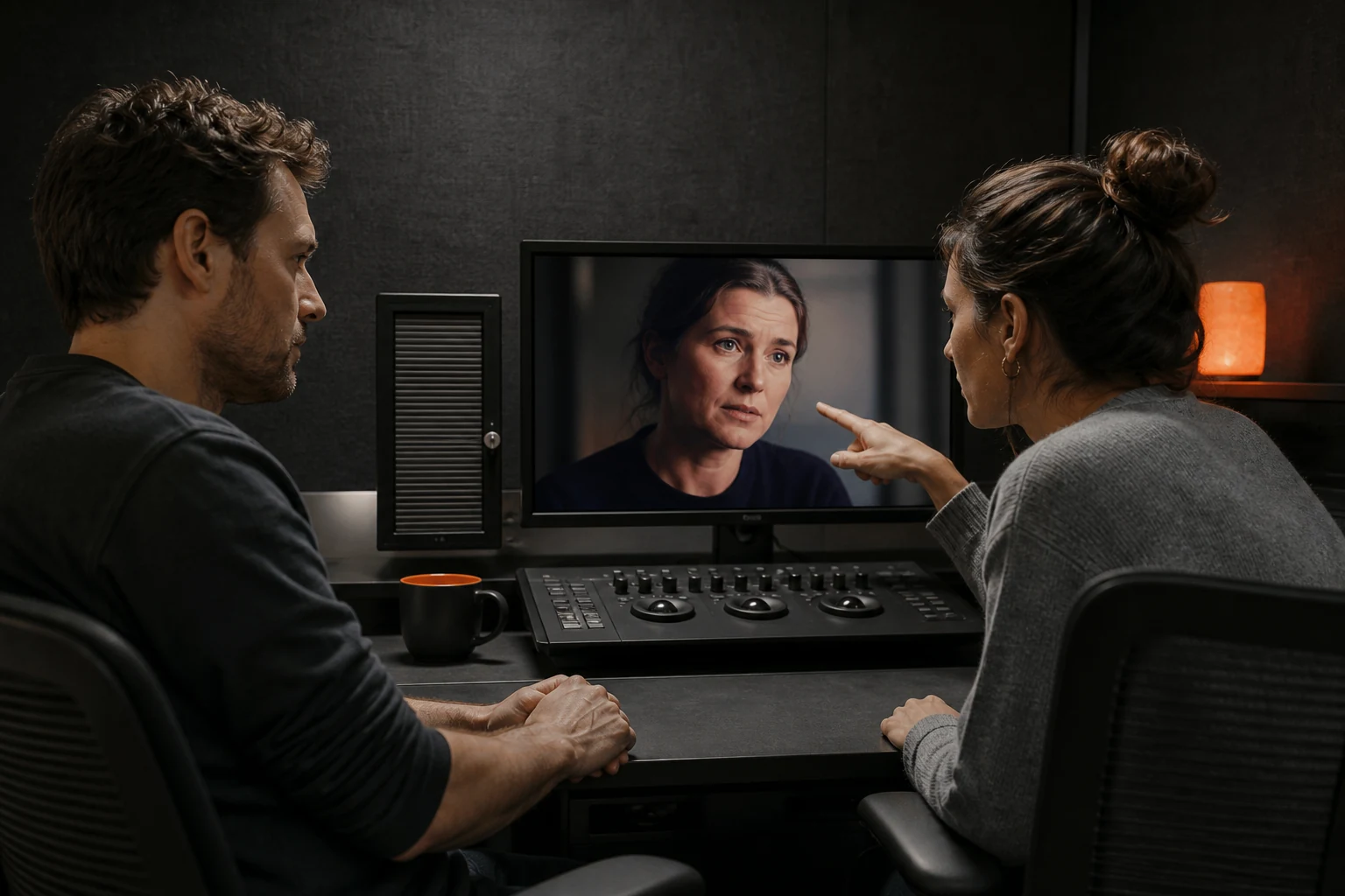 Editor en producent pauzeren automatische montage bij gevoelige interviewbeelden