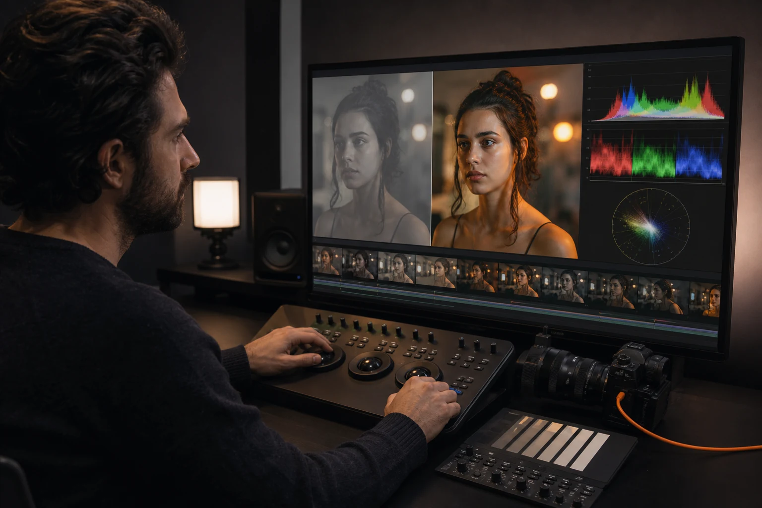 Zelfstandige colorist verfijnt huidtinten en kleur op een professionele thuiswerkplek
