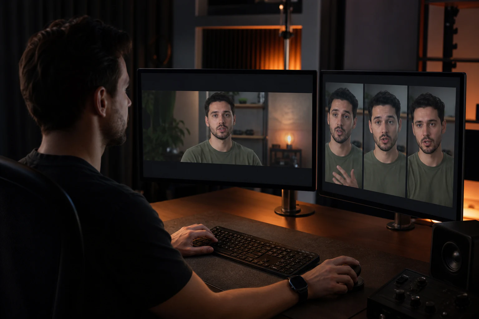 Video-editor selecteert meerdere fragmenten van dezelfde spreker op twee monitoren.