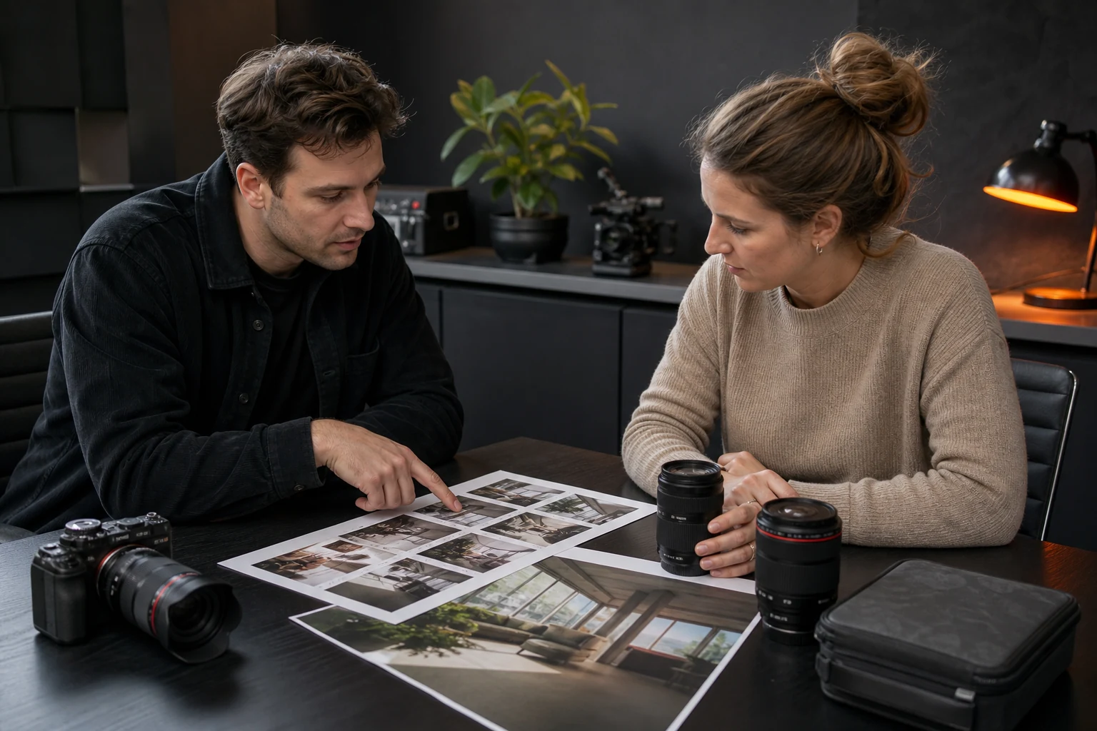 Videoproducer en klant plannen storyboard, apparatuur en draaidag voor een bedrijfsvideo
