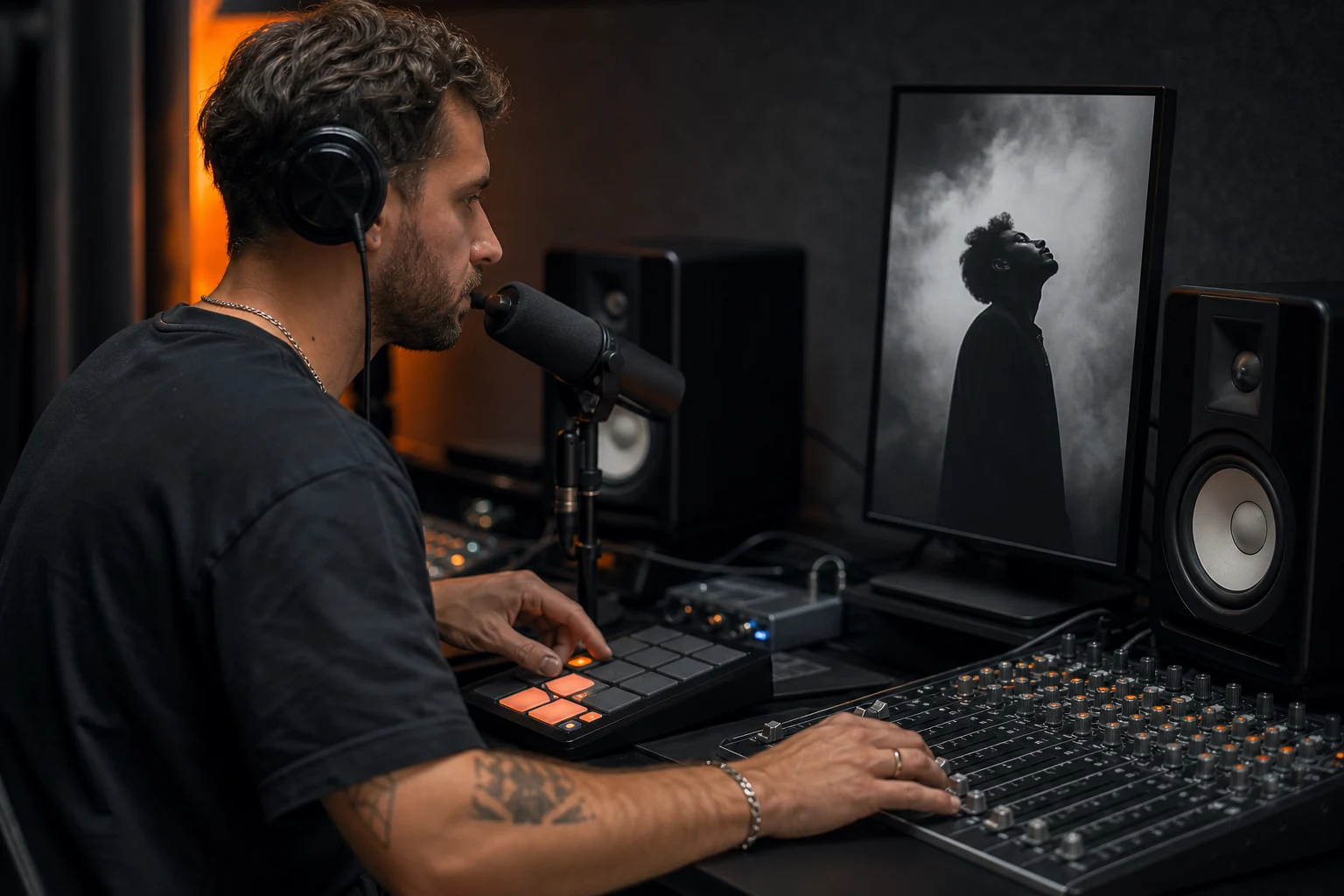 Sound designer test een korte beatdrop en stemhook in een echte audiostudio