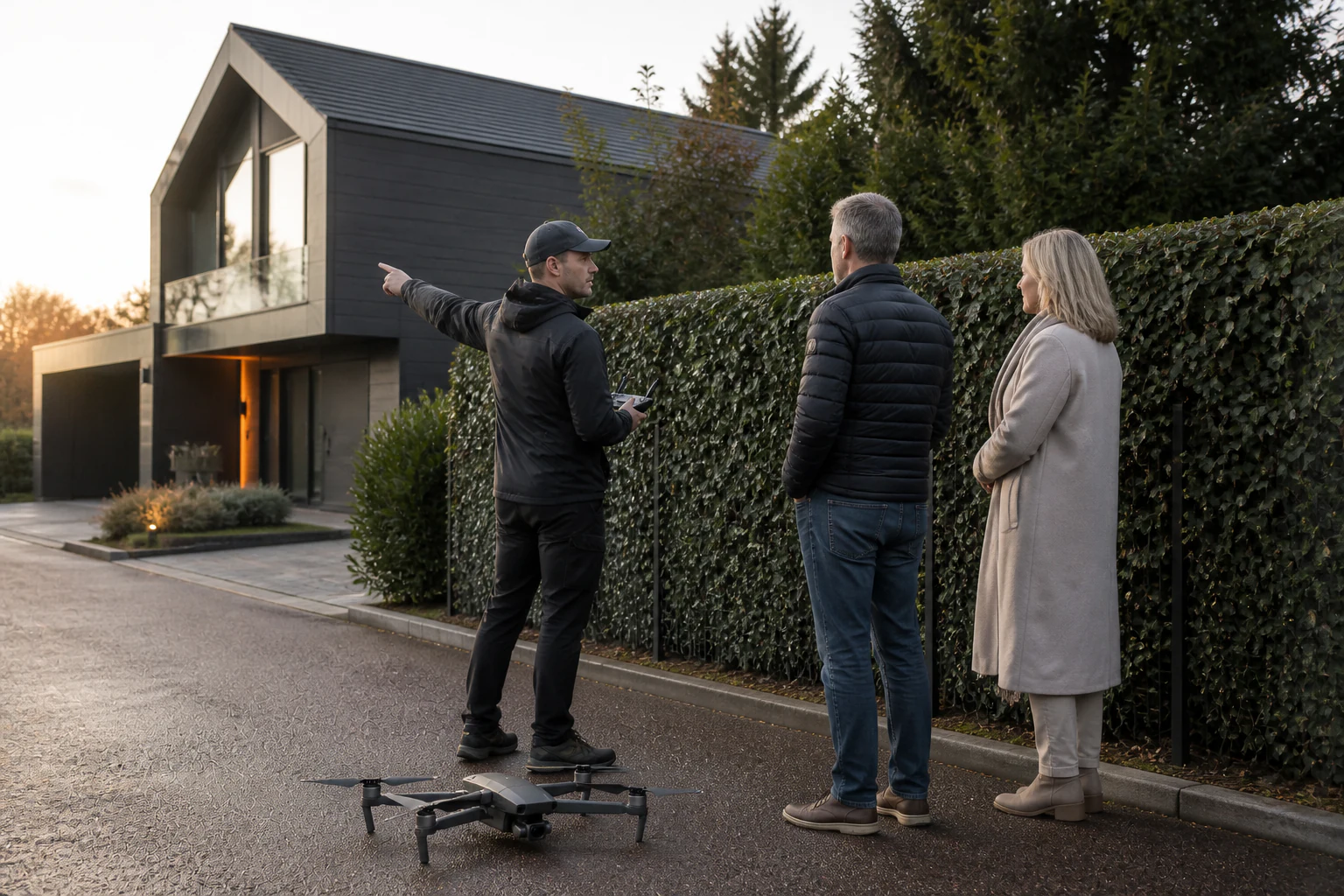 Dronepiloot bespreekt de vliegroute met bewoners naast een drone en moderne woning.