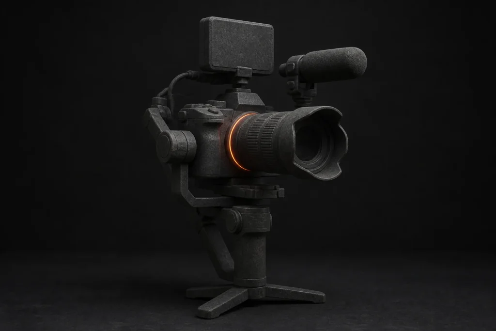 Camera rig with microphone, LED panel and gimbal