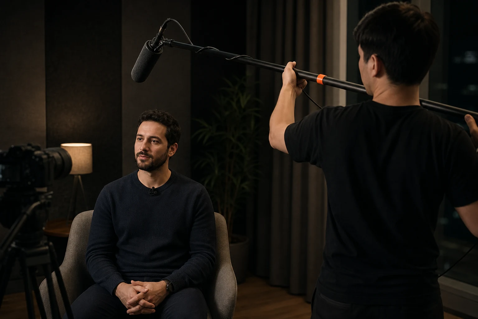 Videographer positions a shotgun microphone above a seated interview subject