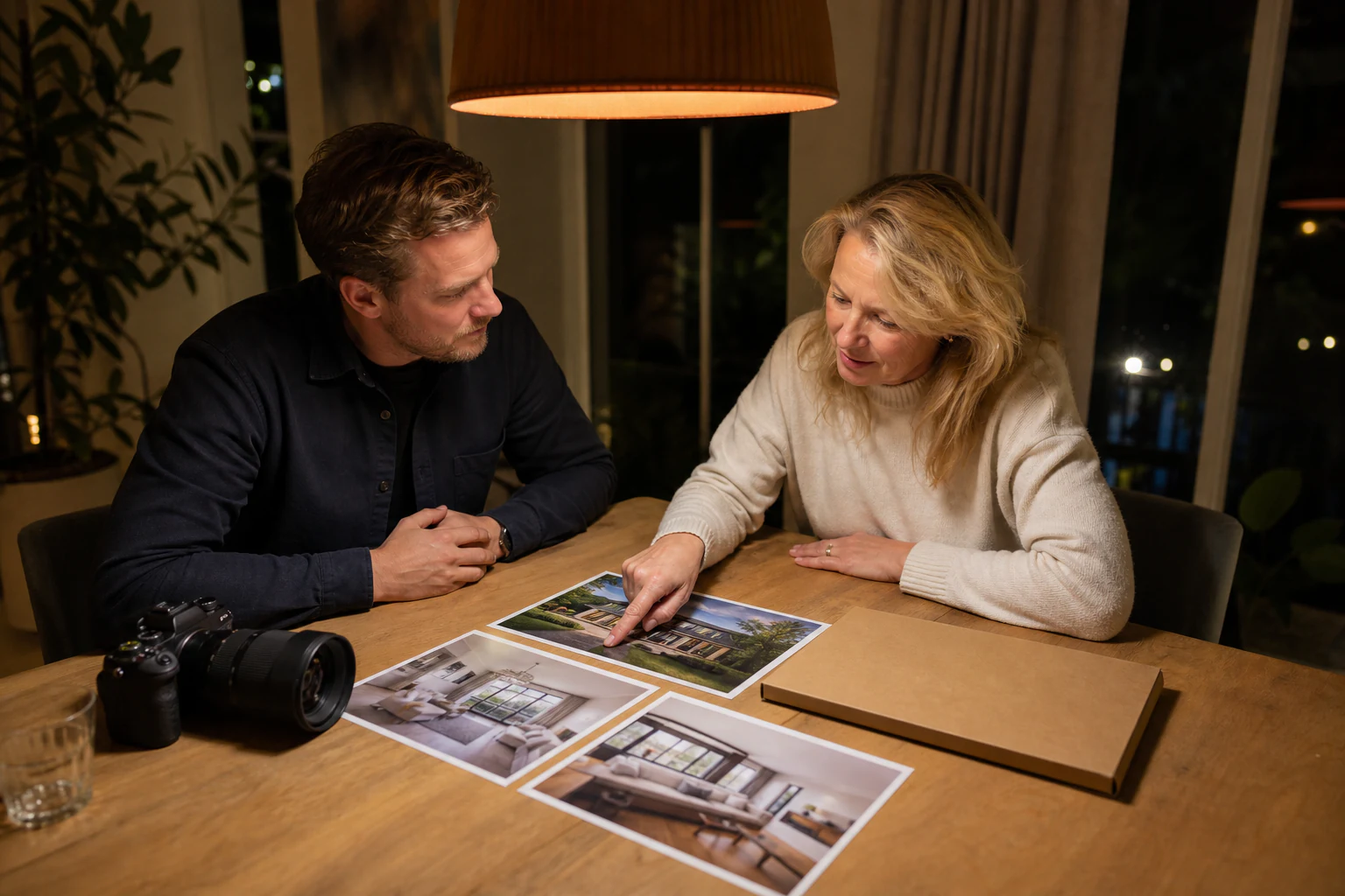 Fotograaf en verkoper vergelijken afdrukken van een woningpresentatie aan tafel.