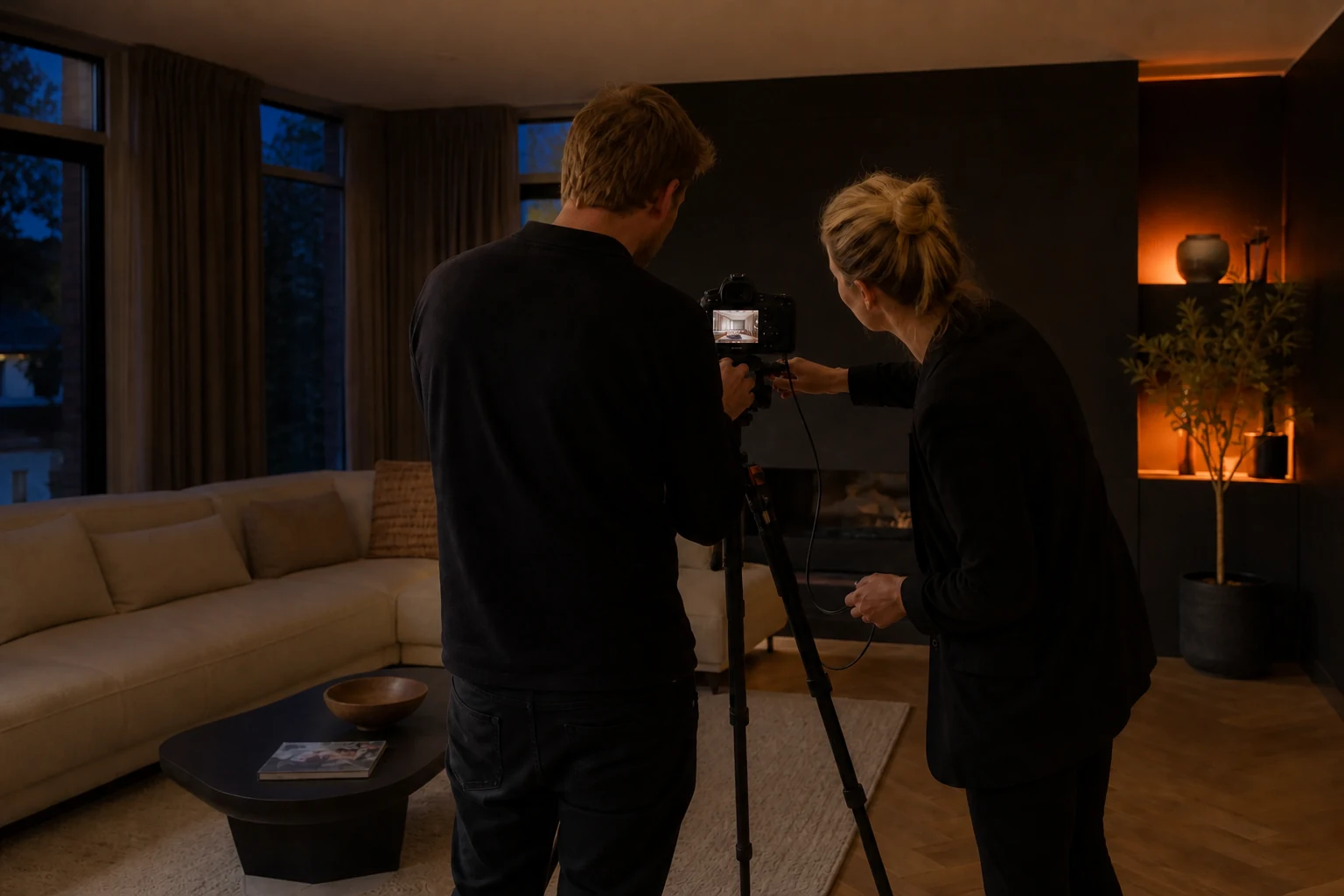 Vastgoedfotograaf en stylist beoordelen belichting en compositie van een verkoopklare woonkamer