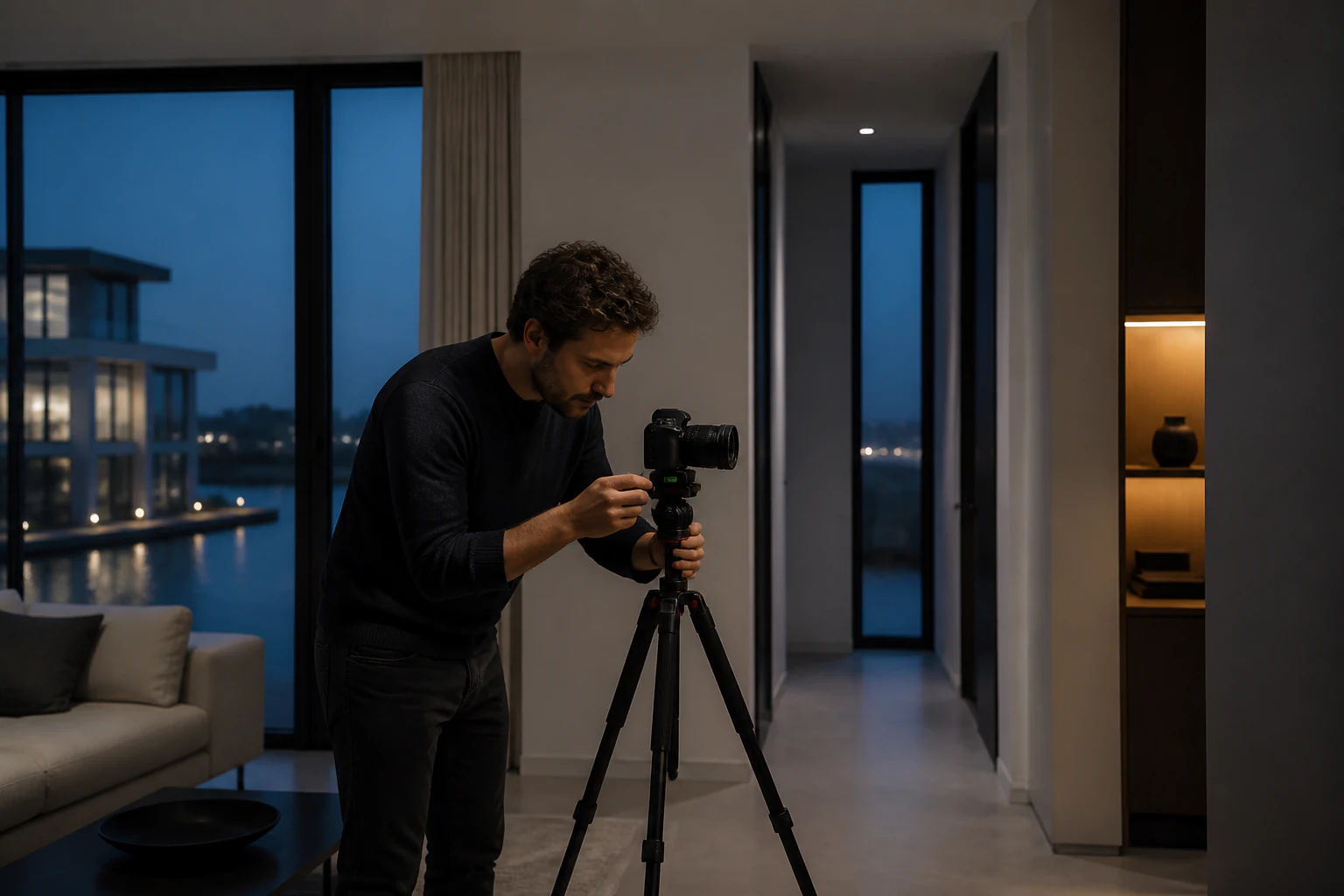 Vastgoedfotograaf stelt camera en statief nauwkeurig af in een modern interieur.