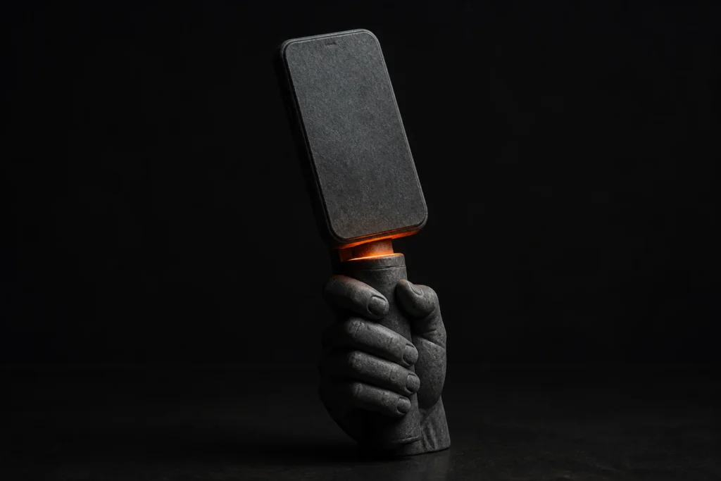 Hand houdt een smartphone rechtop voor het filmen van een woningpresentatie.