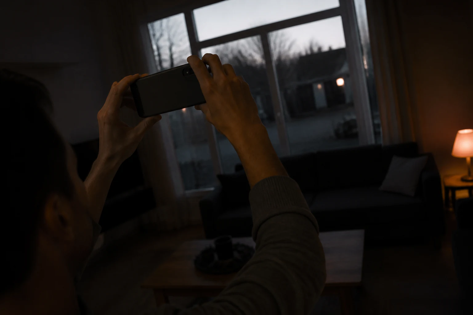 Smartphonefilmer neemt een woonkamer op tegen een helder raam en controleert de kadrering.