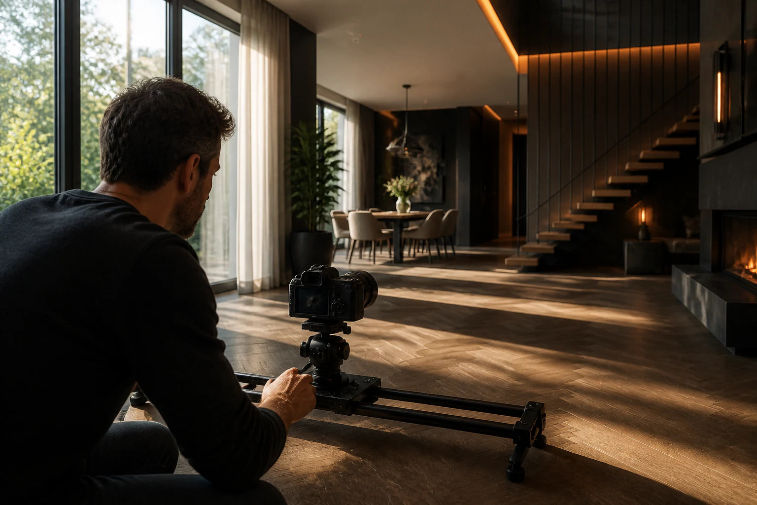 Videograaf gebruikt een cameraslider om vloeiende beweging en interieurbelichting vast te leggen.