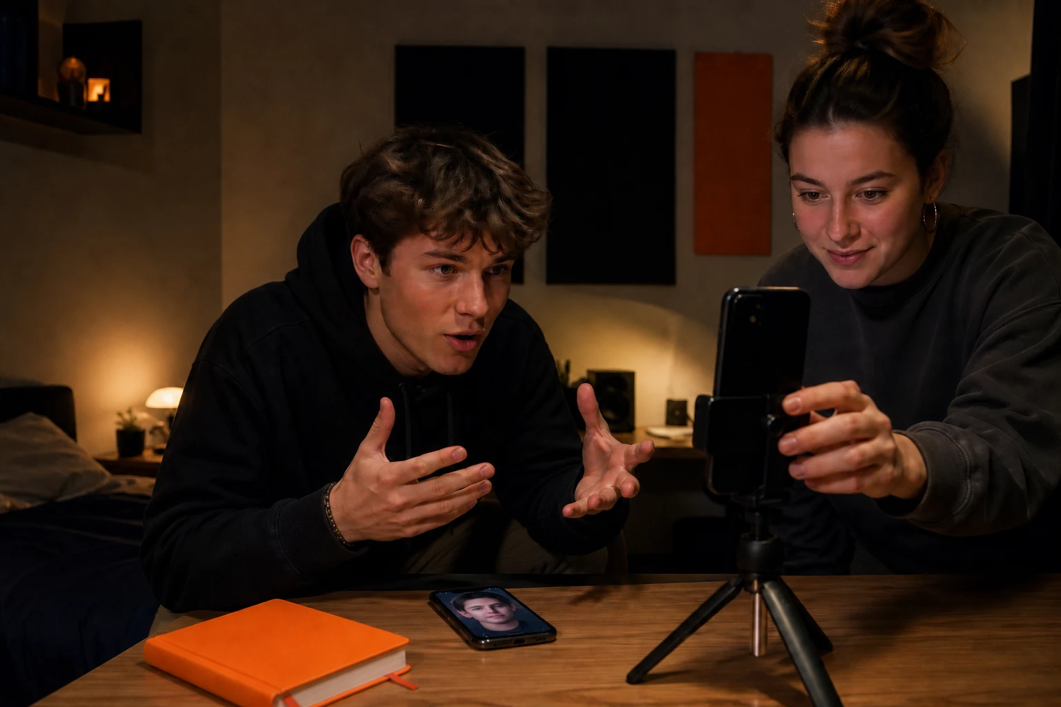 Jonge maker neemt in een avondstudio een directe antwoordvideo op voor sociale interactie