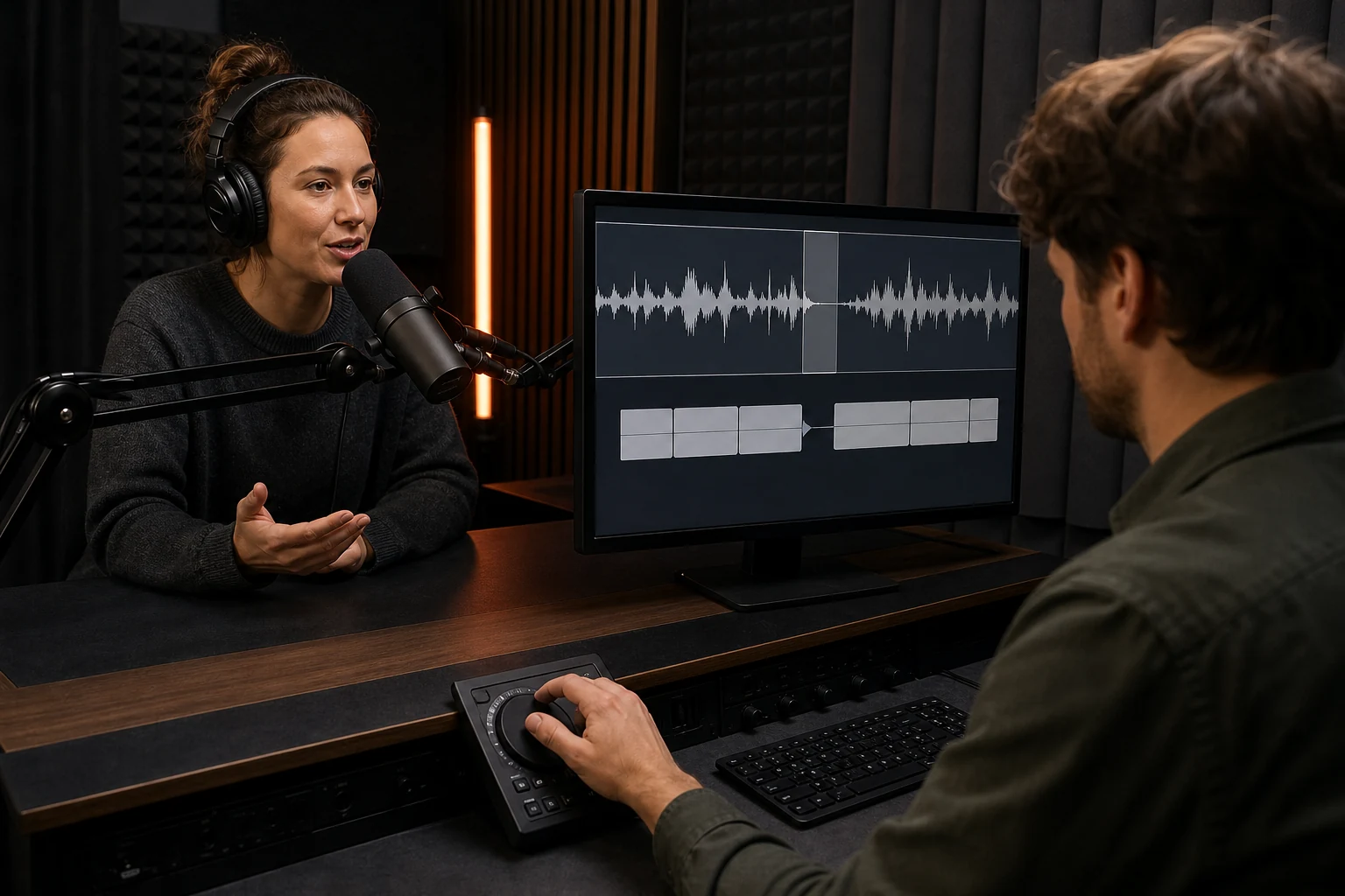 Podcasteditor knipt een opname via een geluidsgolf en tekstloze segmentblokken