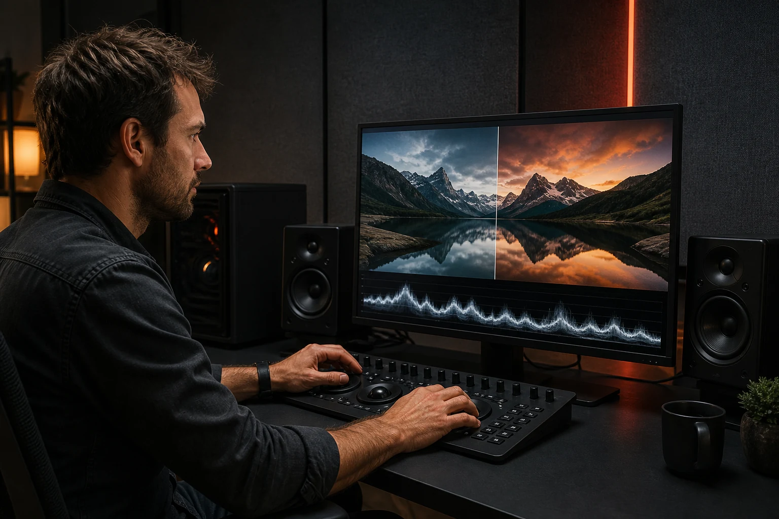 Video-editor werkt met een professionele desktopconsole aan kleurcorrectie zonder watermerk