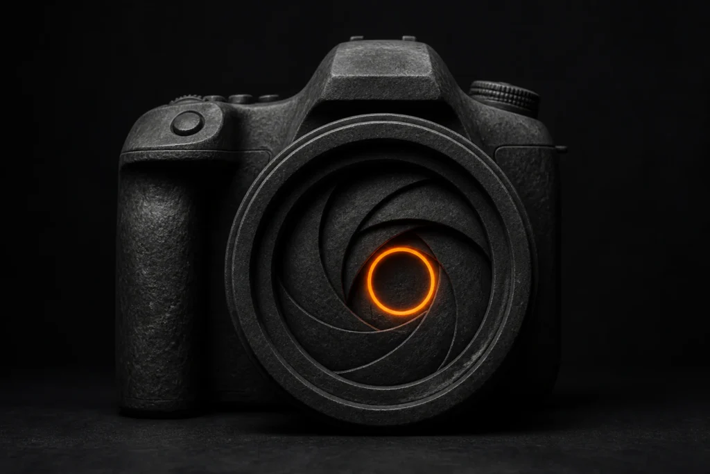 Camera met zichtbaar diafragma als basis voor gebalanceerde interieurbelichting.