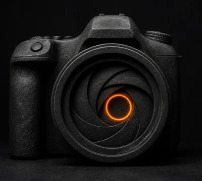 Camera met zichtbaar diafragma als basis voor gebalanceerde interieurbelichting.