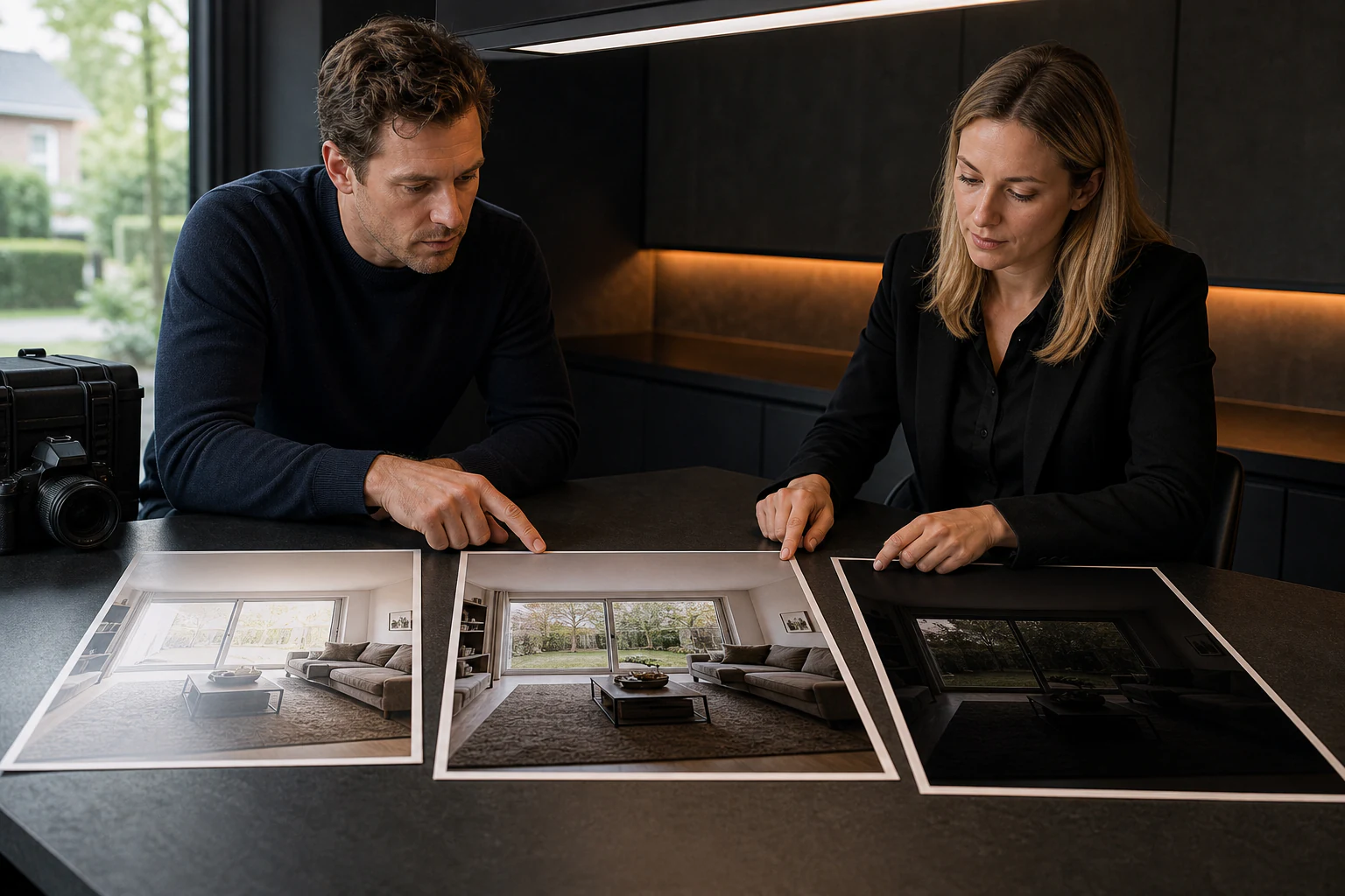 Fotograaf en beeldbewerker vergelijken meerdere afdrukken van hetzelfde interieur.