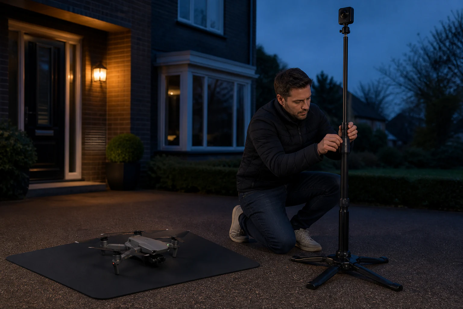 Operator stelt een mastcamera op naast een drone voor een woningopname.