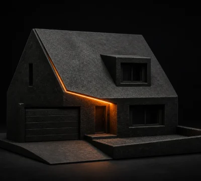 Woning met duidelijk dak en entree, gezien als compact totaalbeeld.