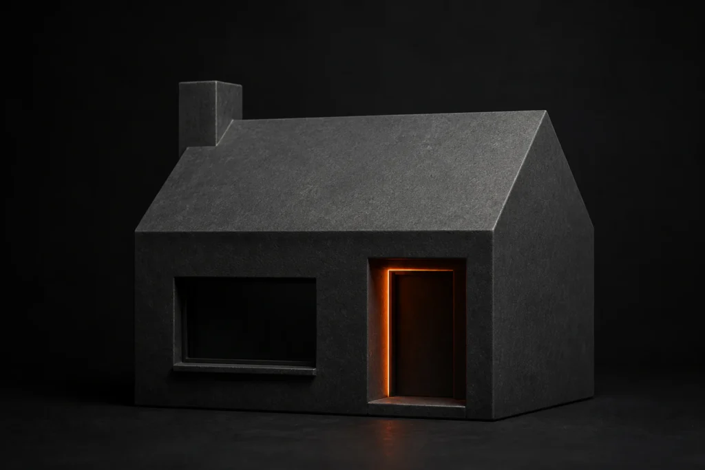 Woning waarvan de entree centraal staat bij de presentatie voor verkoop.