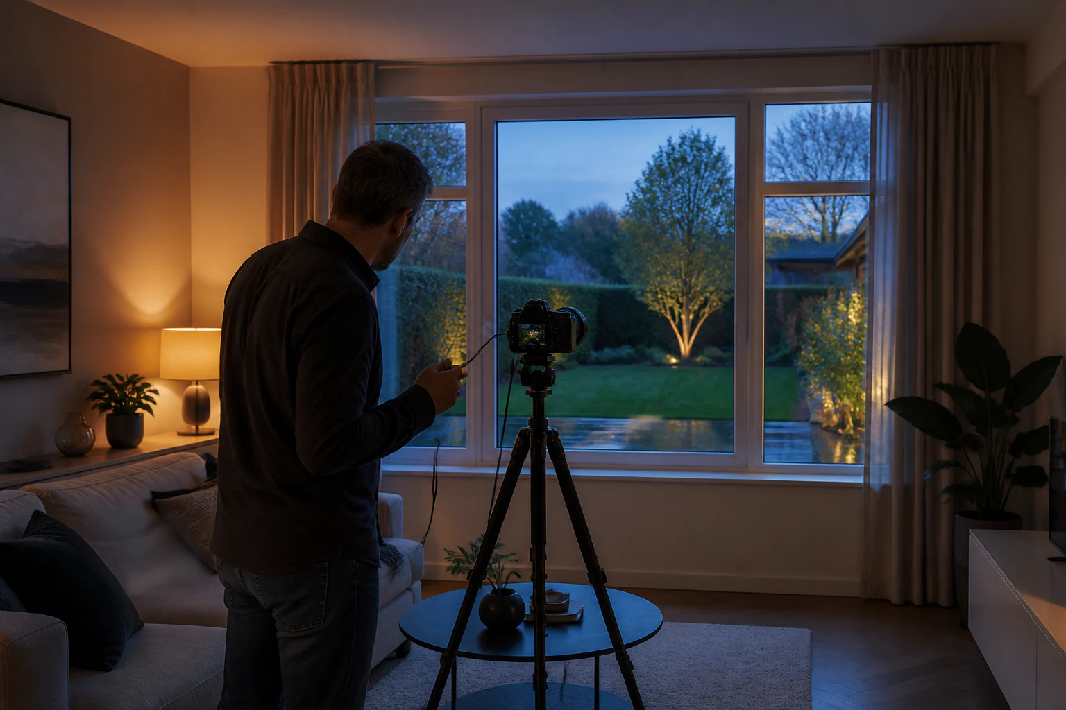 Fotograaf stemt camera en statief af op het raamlicht in een woonkamer.