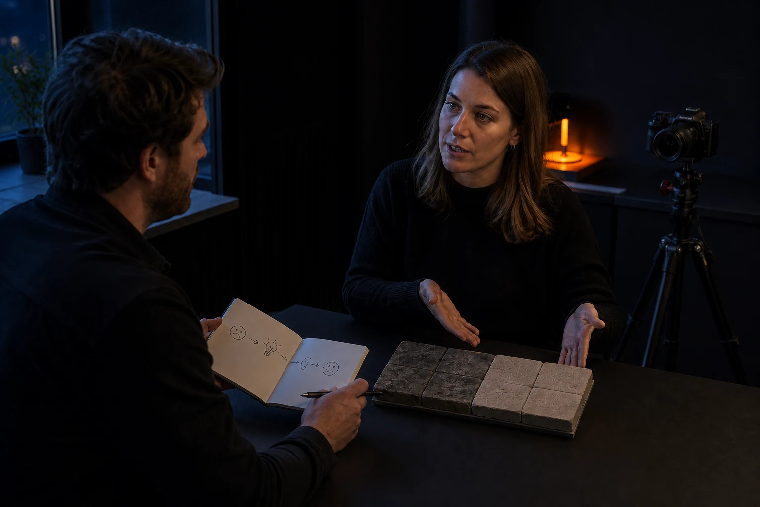 Interviewer stelt een open vraag aan een klant vóór de testimonialopname