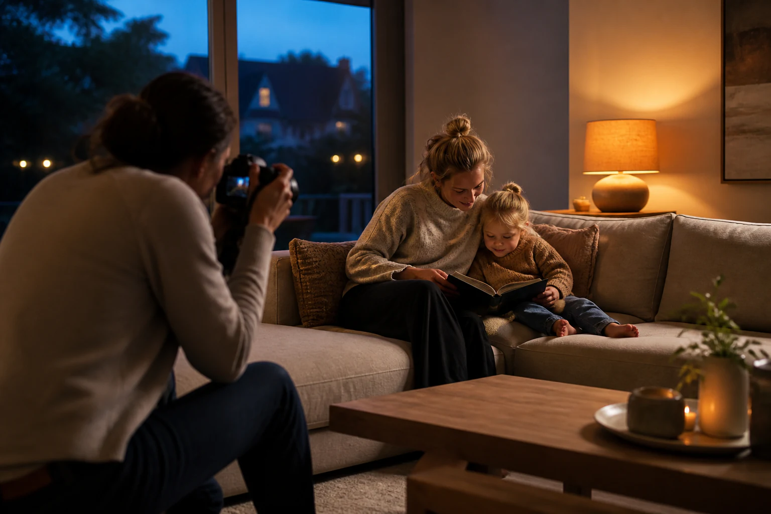Fotograaf legt een ouder en kind vast die samen op de bank lezen.