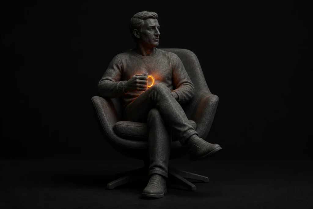 Bewoner zit ontspannen in een fauteuil met een kop koffie voor een huiselijke vastgoedpresentatie.