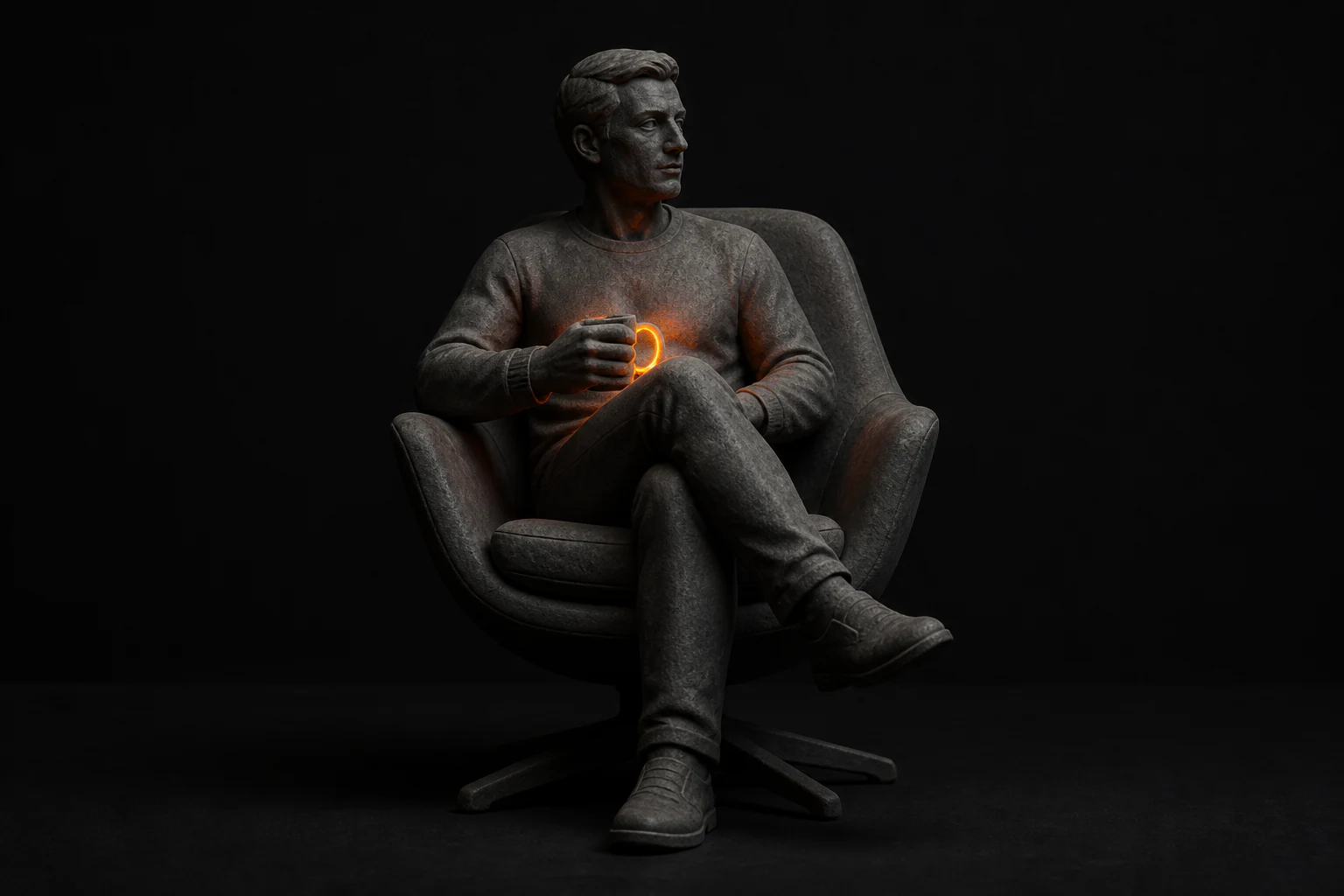 Bewoner zit ontspannen in een fauteuil met een kop koffie voor een huiselijke vastgoedpresentatie.