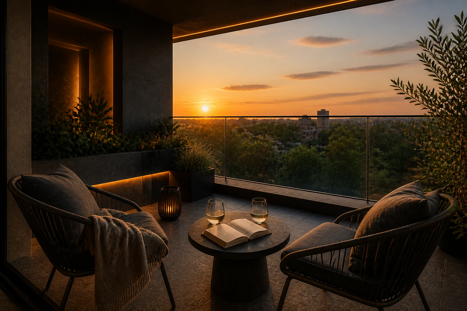 Ingericht balkon met fauteuils, boek en glazen toont hoe sfeer een woning aantrekkelijk maakt.