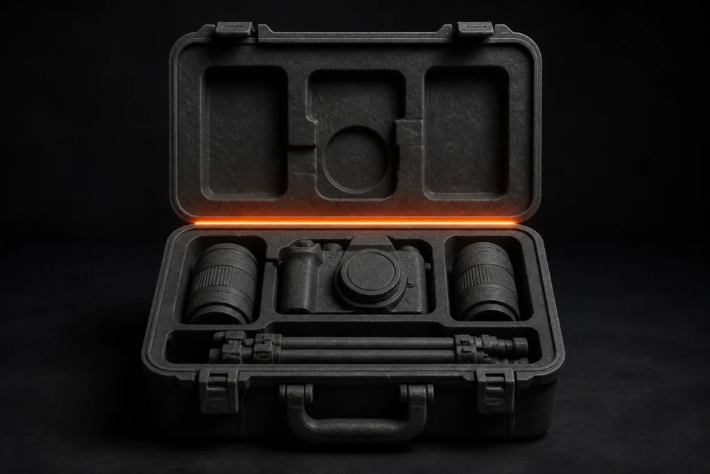 Geopende uitrustingskoffer met camera, twee lenzen en een compact statief voor woningmedia.