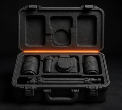 Geopende uitrustingskoffer met camera, twee lenzen en een compact statief voor woningmedia.