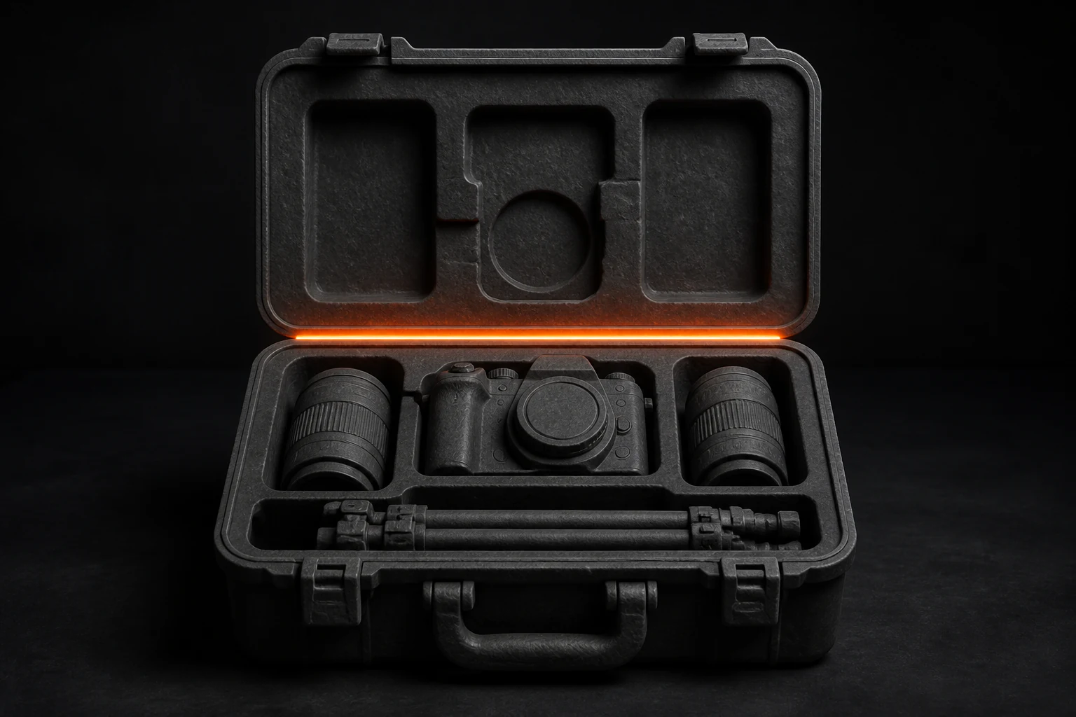 Geopende uitrustingskoffer met camera, twee lenzen en een compact statief voor woningmedia.