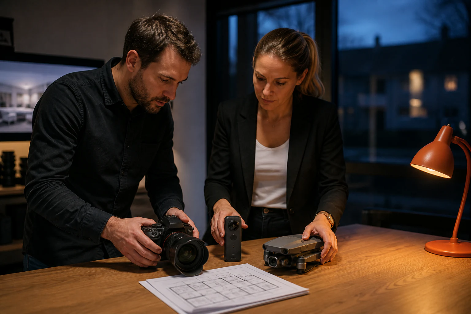 Fotograaf en collega vergelijken camera- en droneapparatuur voor een complete woningpresentatie.
