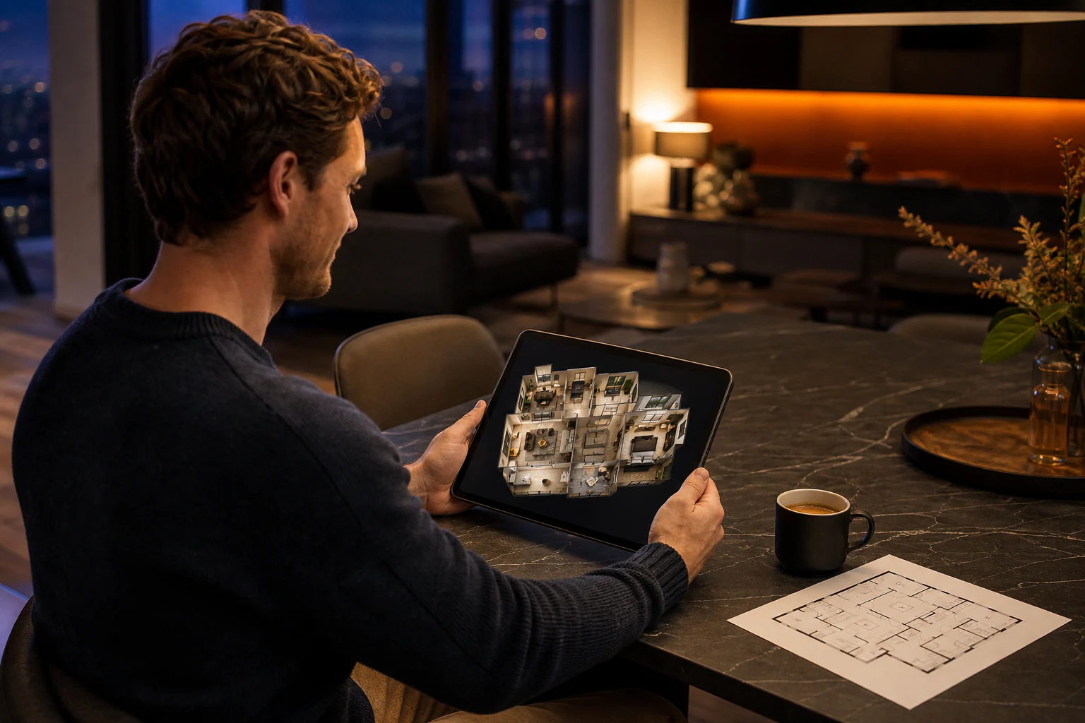 Woningkoper bekijkt een Matterport 3D-tour en plattegrond op een tablet