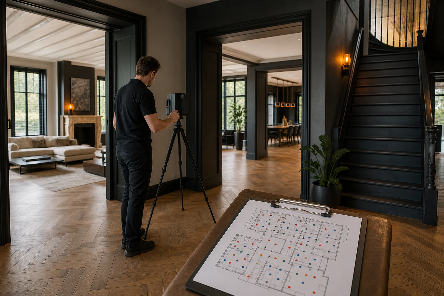 Operator maakt een 3D-scan van een woning terwijl de plattegrond klaarligt.