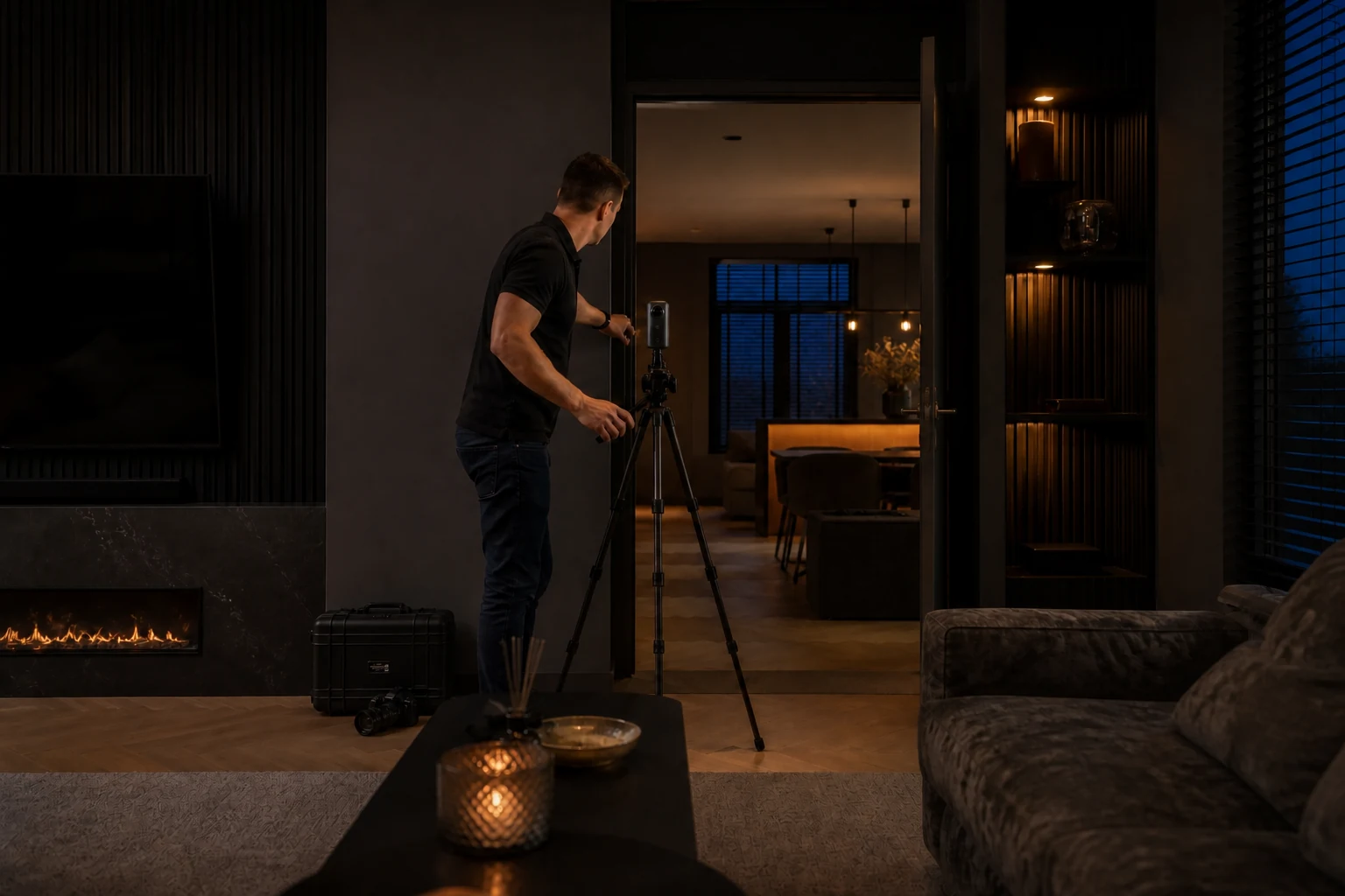Vastgoedfotograaf plaatst een 360-gradencamera centraal in een luxe woonkamer
