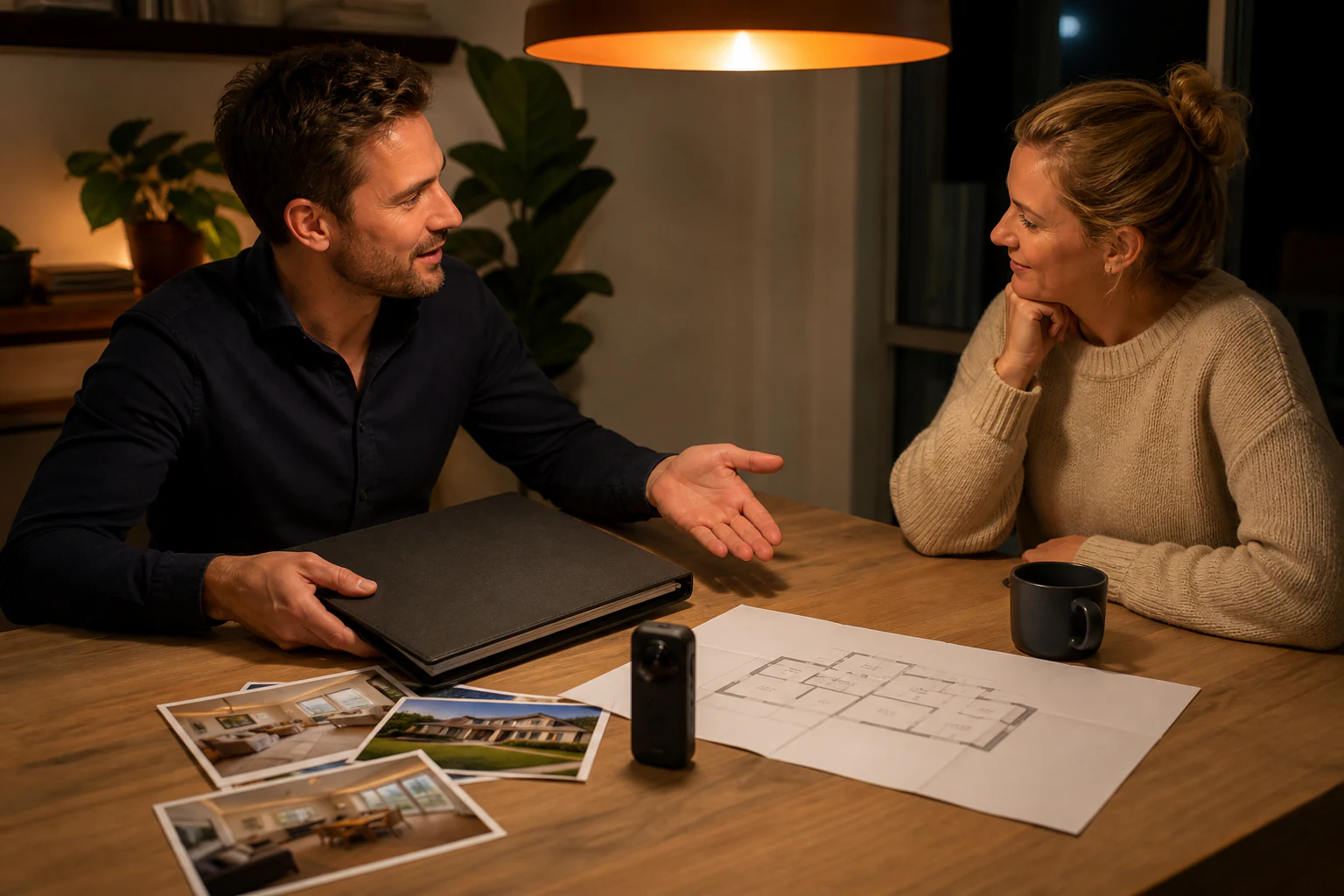 Fotograaf bespreekt een projectmap, woningfoto’s en plattegrond met een opdrachtgever.